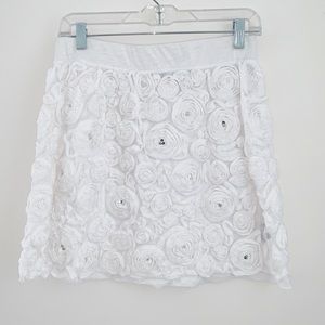 I.N.C. White Rose Mini Skirt Sliver sequin Elastic Waist 100% Cotton Lightweight
